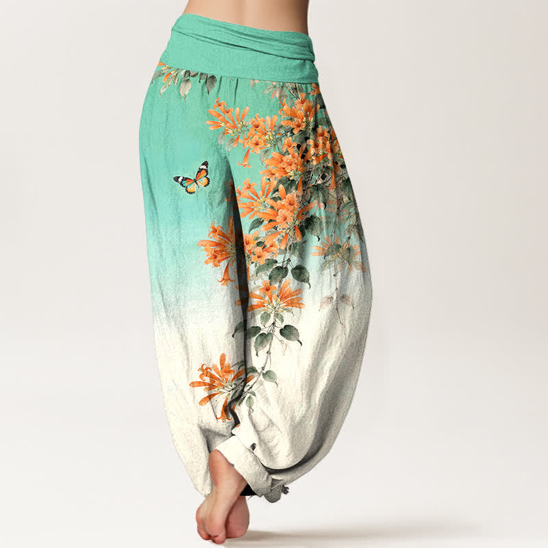 Nimara Ritual Cotton Orange Floral Butterfly Pattern Women's Elastic Waist Harem Pants