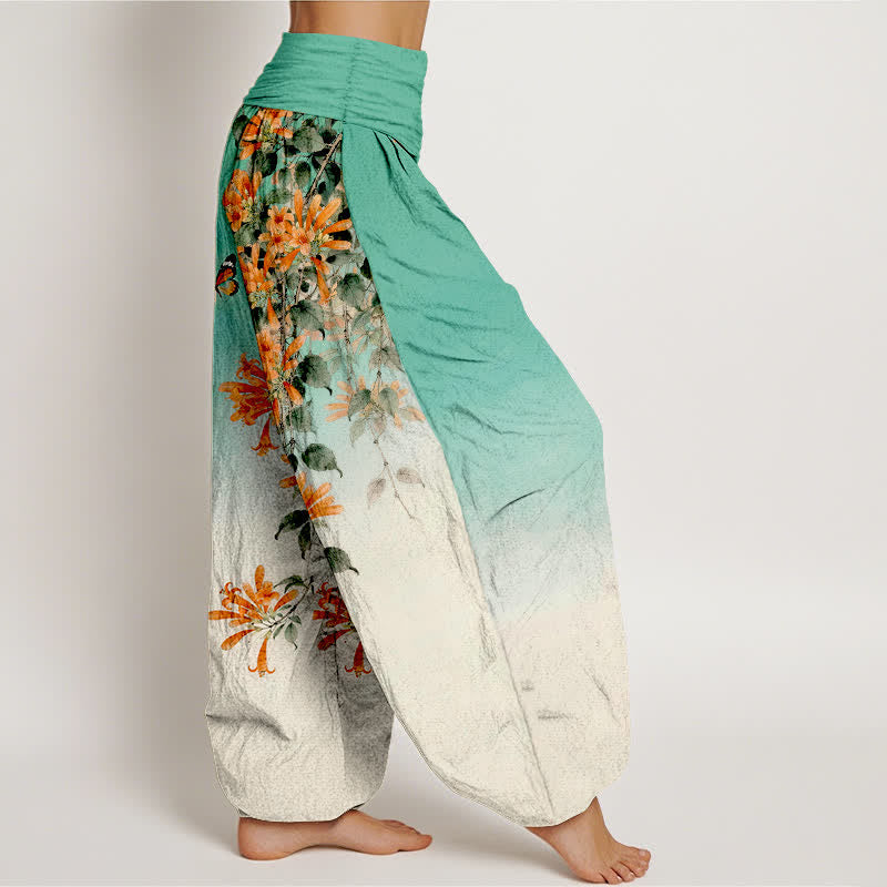 Nimara Ritual Cotton Orange Floral Butterfly Pattern Women's Elastic Waist Harem Pants