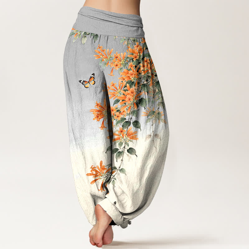 Nimara Ritual Cotton Orange Floral Butterfly Pattern Women's Elastic Waist Harem Pants