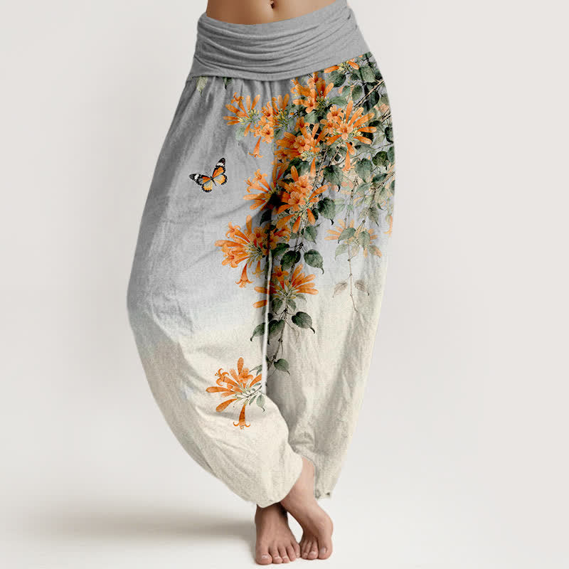 Nimara Ritual Cotton Orange Floral Butterfly Pattern Women's Elastic Waist Harem Pants