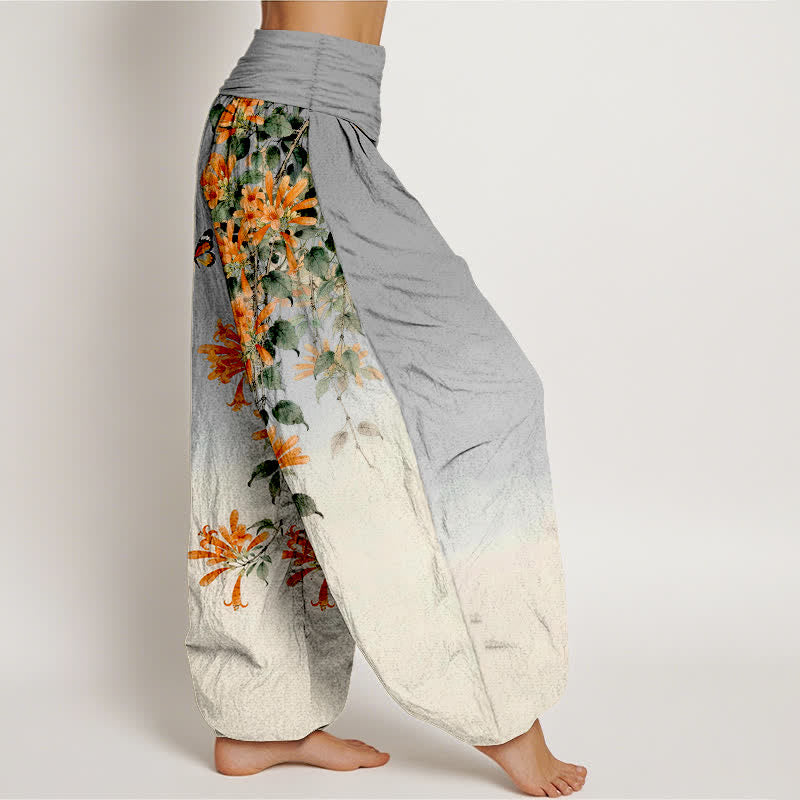 Nimara Ritual Cotton Orange Floral Butterfly Pattern Women's Elastic Waist Harem Pants