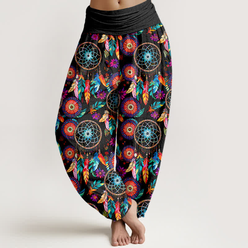 Nimara Ritual Cotton Dreamcatcher Feather Pattern Women's Elastic Waist Harem Pants