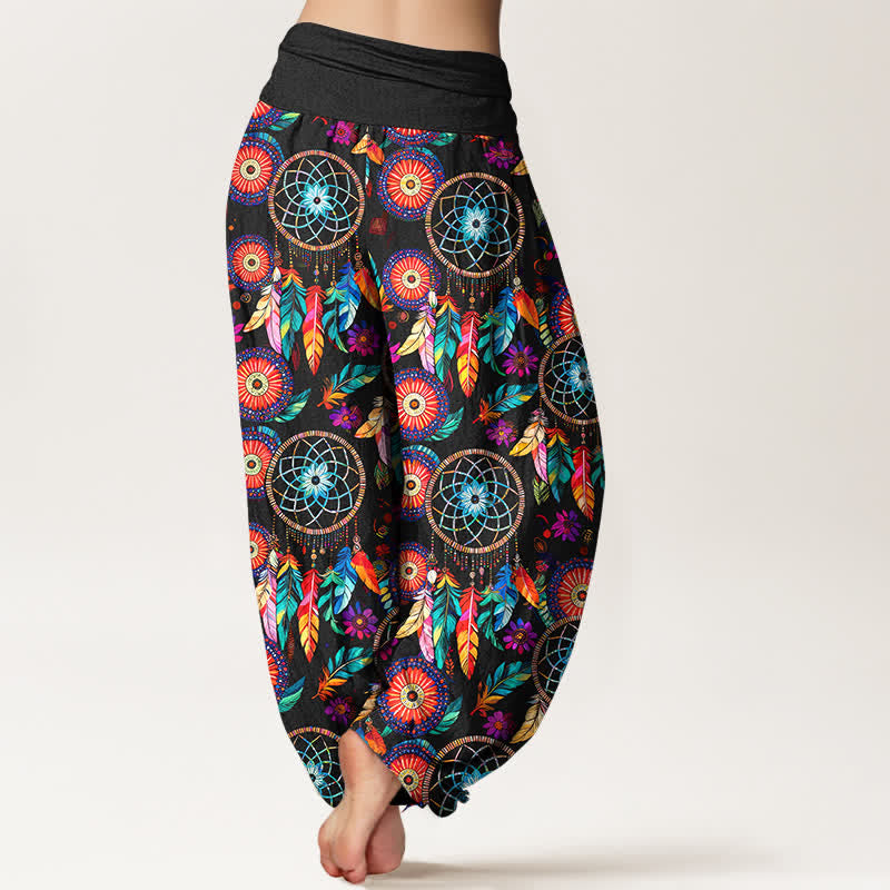 Nimara Ritual Cotton Dreamcatcher Feather Pattern Women's Elastic Waist Harem Pants