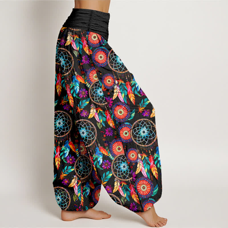 Nimara Ritual Cotton Dreamcatcher Feather Pattern Women's Elastic Waist Harem Pants