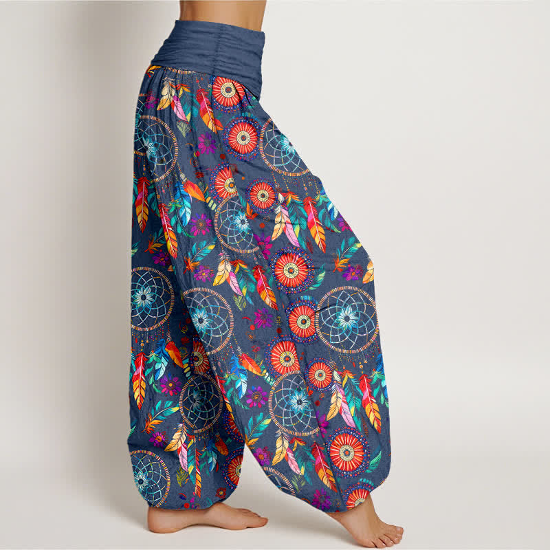 Nimara Ritual Cotton Dreamcatcher Feather Pattern Women's Elastic Waist Harem Pants
