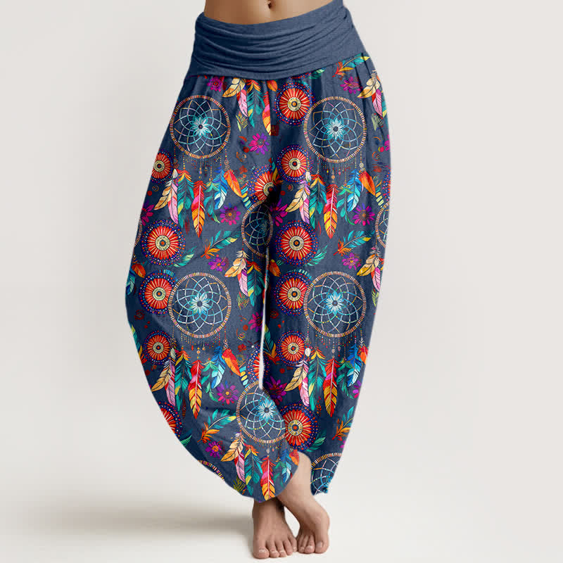 Nimara Ritual Cotton Dreamcatcher Feather Pattern Women's Elastic Waist Harem Pants