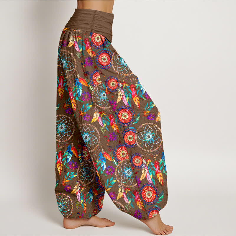 Nimara Ritual Cotton Dreamcatcher Feather Pattern Women's Elastic Waist Harem Pants