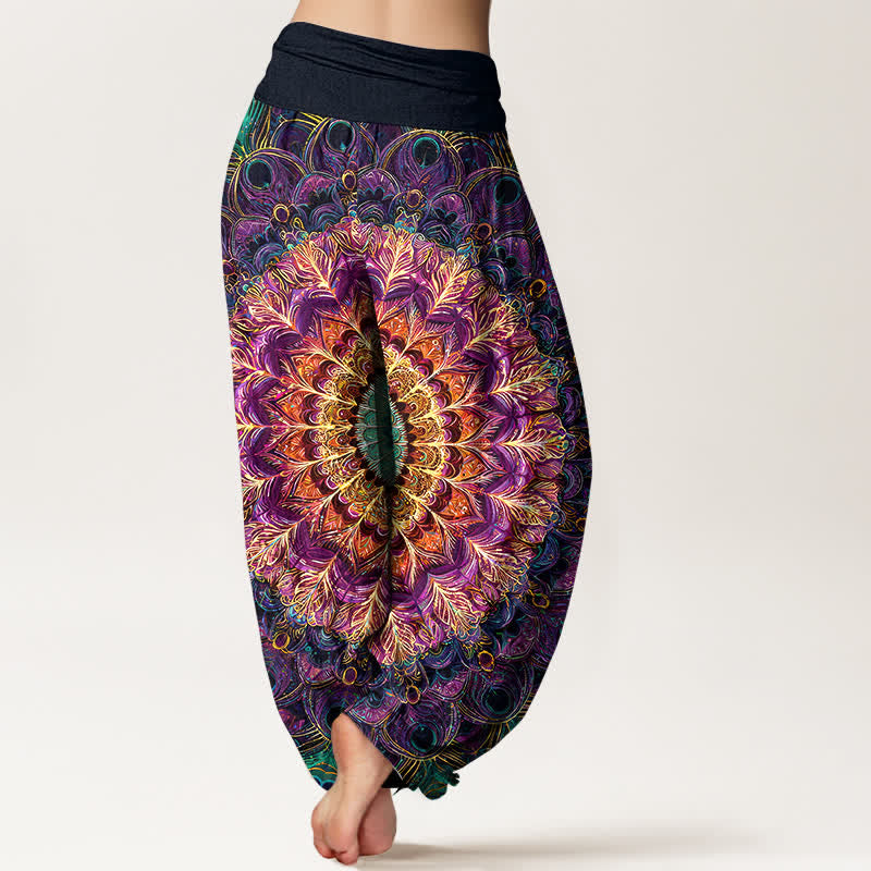 Nimara Ritual Pure Cotton Mandala Feather Pattern Women's Elastic Waist Harem Pants