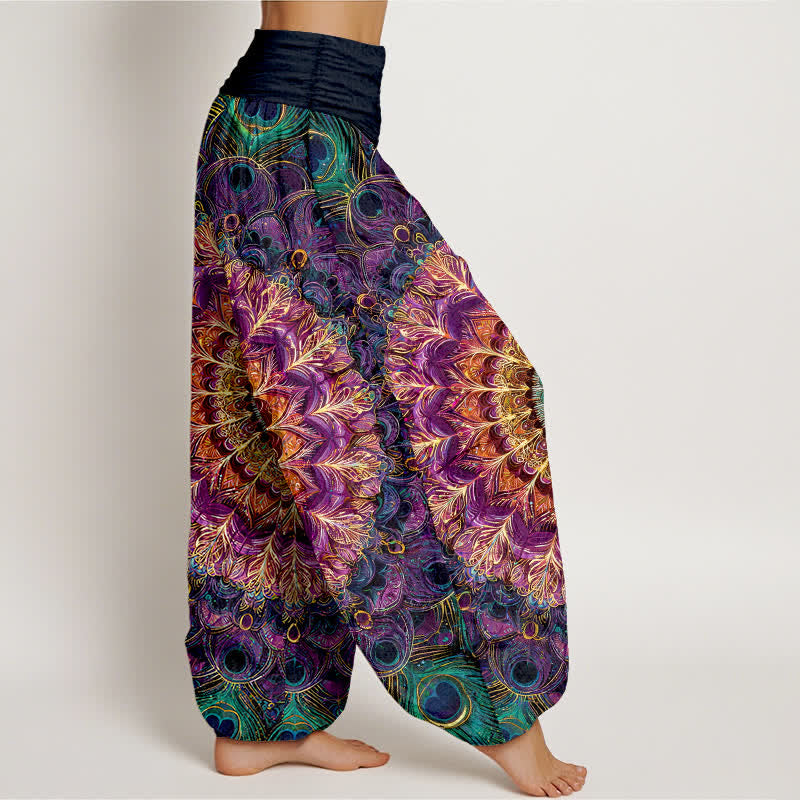 Nimara Ritual Pure Cotton Mandala Feather Pattern Women's Elastic Waist Harem Pants
