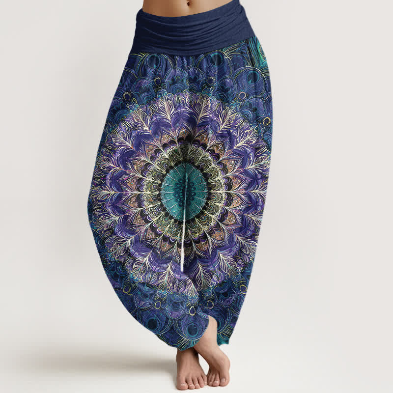 Nimara Ritual Pure Cotton Mandala Feather Pattern Women's Elastic Waist Harem Pants