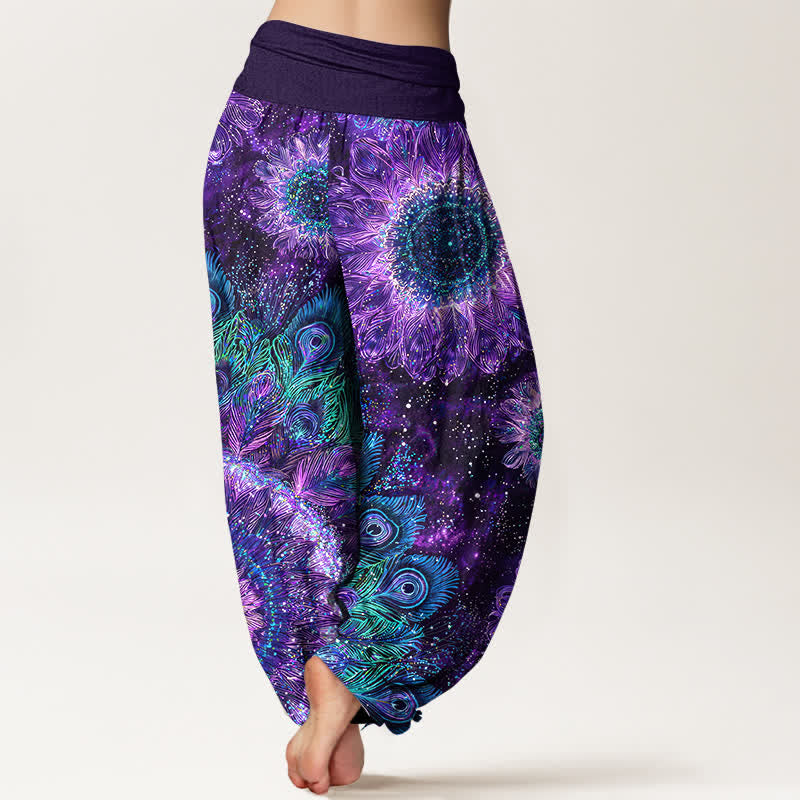 Nimara Ritual Cotton Peacock Feather Pattern Women's Elastic Waist Harem Pants