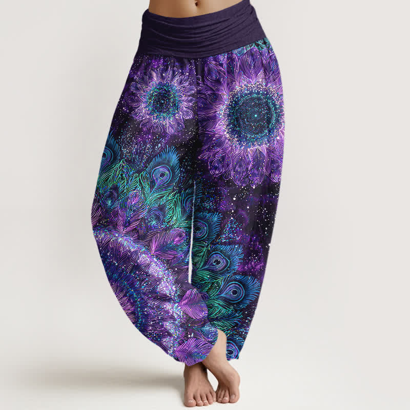 Nimara Ritual Cotton Peacock Feather Pattern Women's Elastic Waist Harem Pants