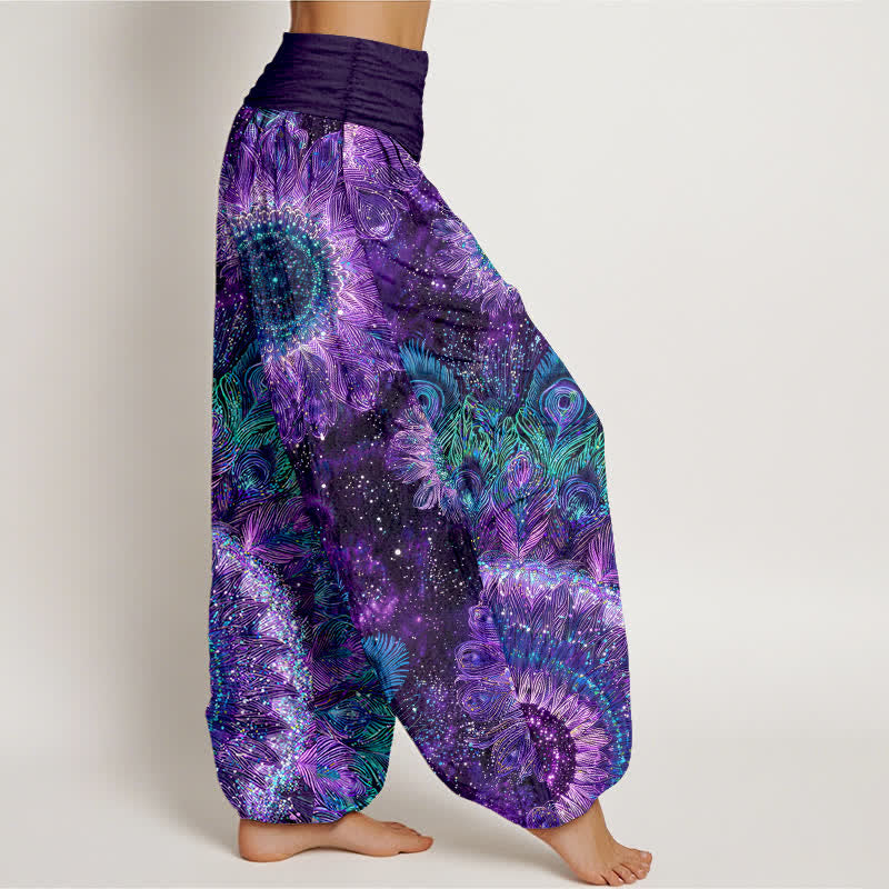 Nimara Ritual Cotton Peacock Feather Pattern Women's Elastic Waist Harem Pants