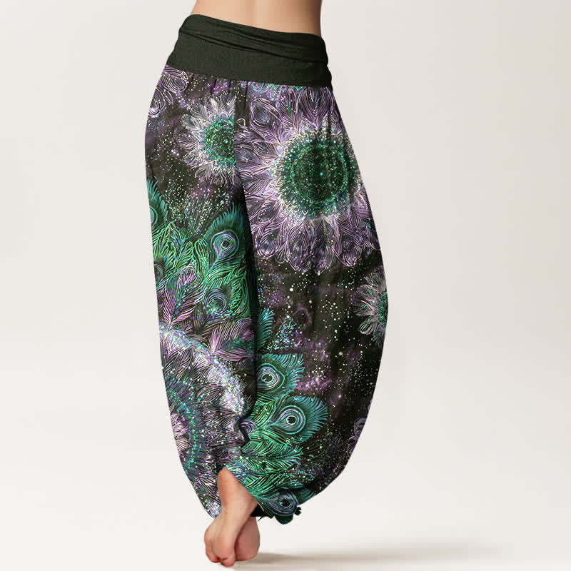 Nimara Ritual Cotton Peacock Feather Pattern Women's Elastic Waist Harem Pants