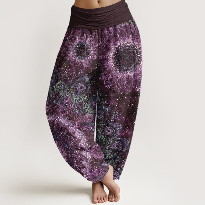 Nimara Ritual Cotton Peacock Feather Pattern Women's Elastic Waist Harem Pants