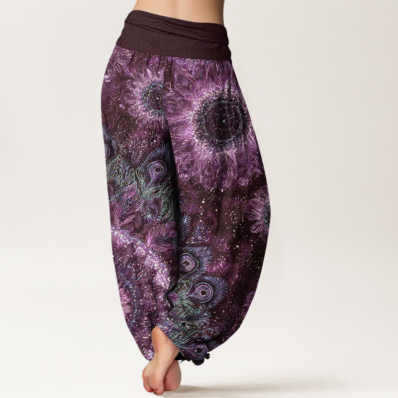 Nimara Ritual Cotton Peacock Feather Pattern Women's Elastic Waist Harem Pants