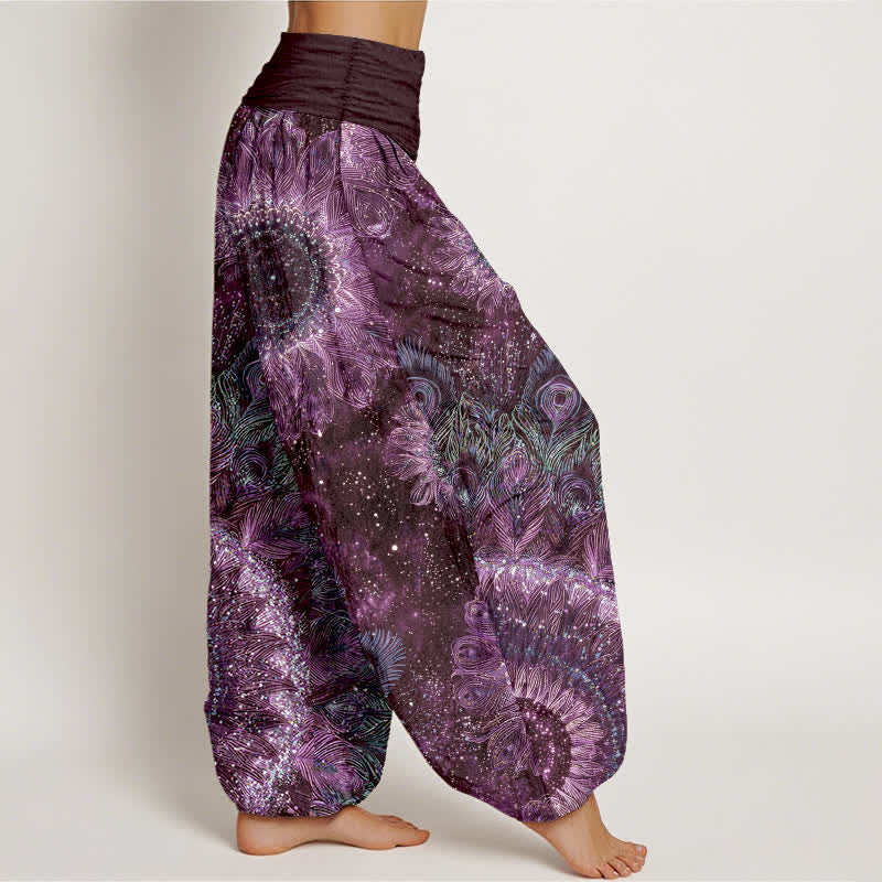 Nimara Ritual Cotton Peacock Feather Pattern Women's Elastic Waist Harem Pants