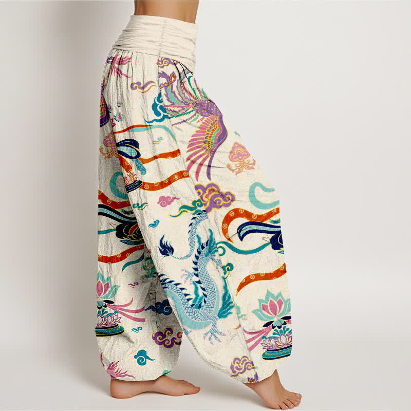 Nimara Ritual Cotton Dragon Phoenix Lotus Pattern Women's Elastic Waist Harem Pants