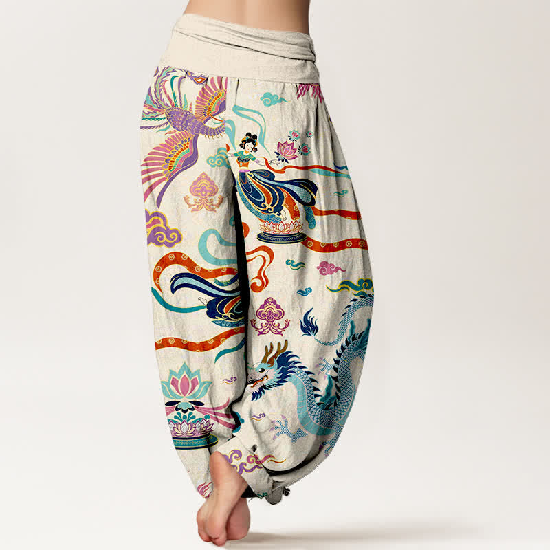 Nimara Ritual Cotton Dragon Phoenix Lotus Pattern Women's Elastic Waist Harem Pants