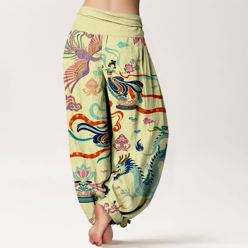 Nimara Ritual Cotton Dragon Phoenix Lotus Pattern Women's Elastic Waist Harem Pants