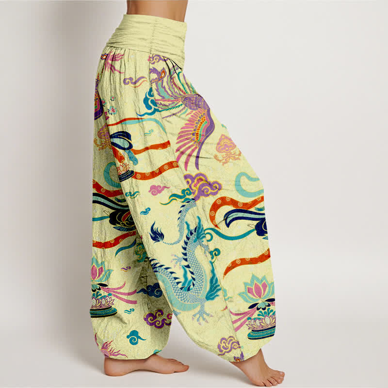 Nimara Ritual Cotton Dragon Phoenix Lotus Pattern Women's Elastic Waist Harem Pants