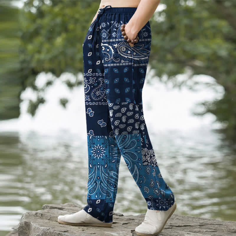 Nimara Ritual Cotton Splicing Paisley Pattern Men's Tapered Pants With Pockets