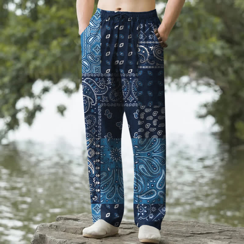 Nimara Ritual Cotton Splicing Paisley Pattern Men's Tapered Pants With Pockets
