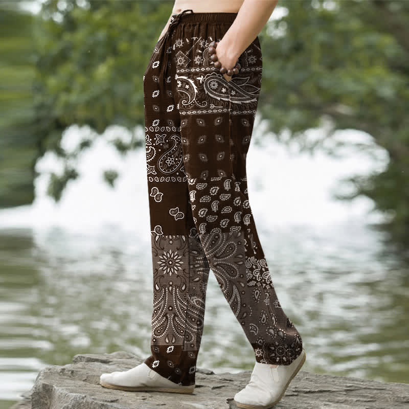 Nimara Ritual Cotton Splicing Paisley Pattern Men's Tapered Pants With Pockets