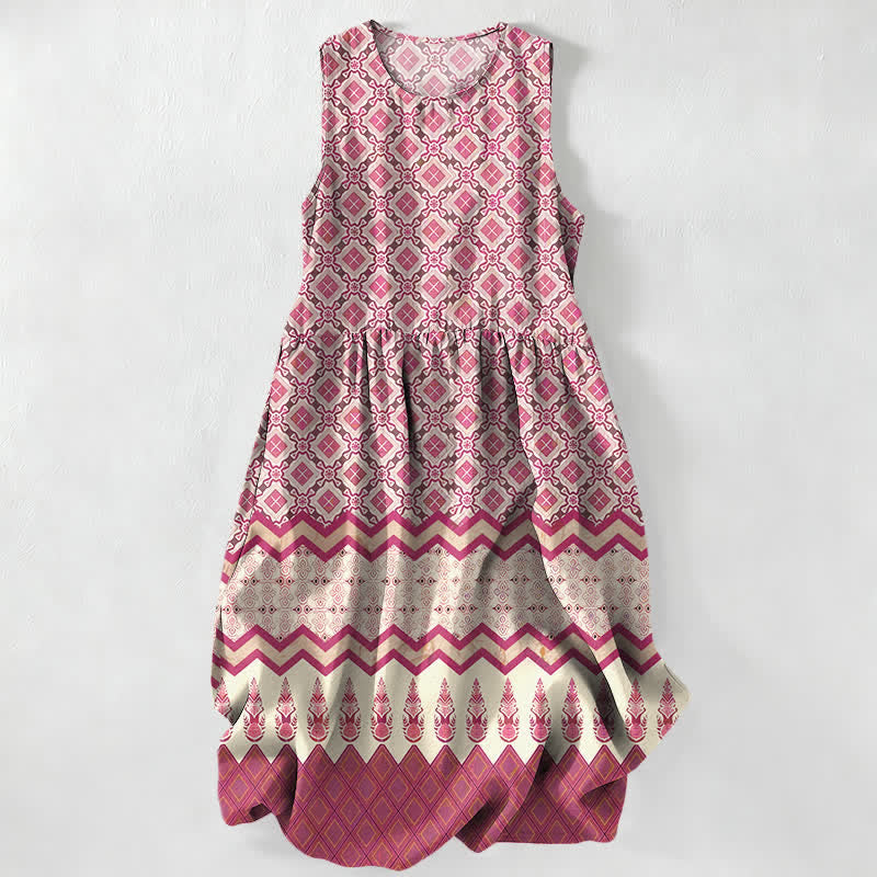 Nimara Ritual Summer Casual Bohemian Geometric Floral Pattern Women's Summer Sleeveless Midi Dress With Pockets