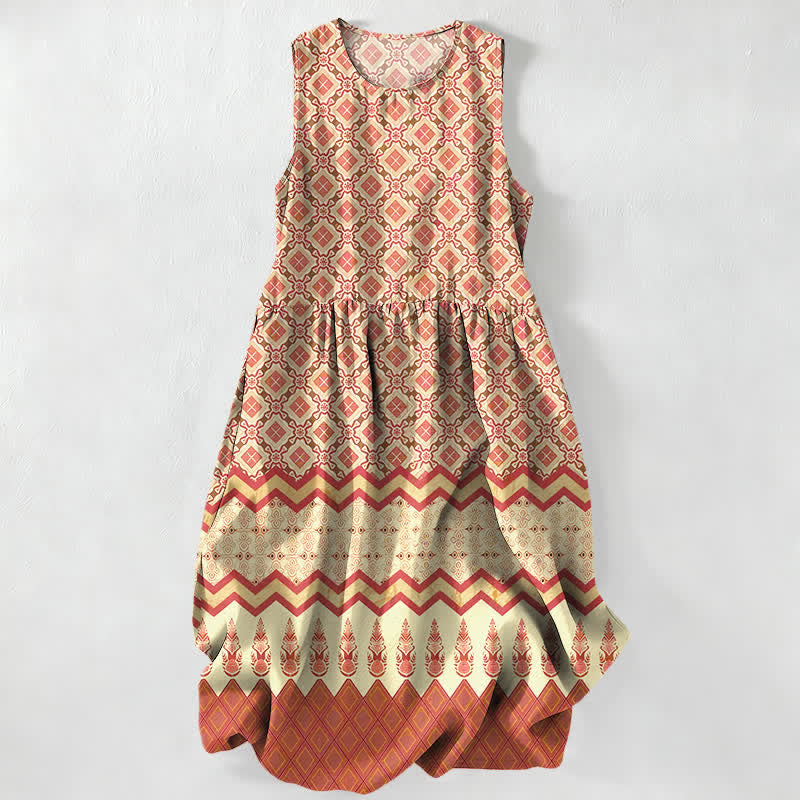 Nimara Ritual Summer Casual Bohemian Geometric Floral Pattern Women's Summer Sleeveless Midi Dress With Pockets