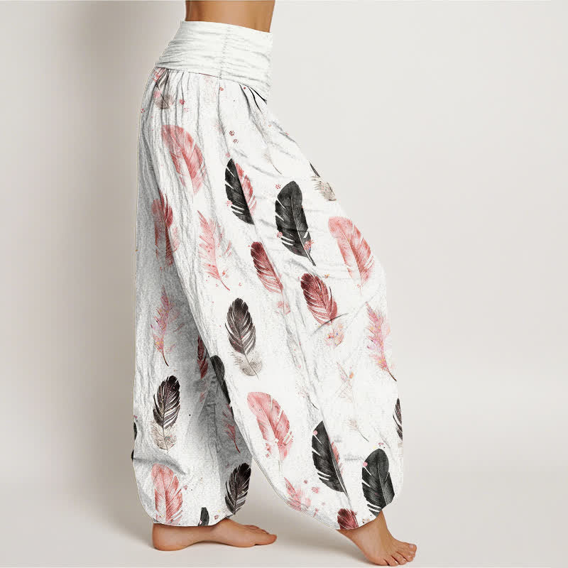 Nimara Ritual Pure Cotton Feather Pattern Women's Elastic Waist Harem Pants