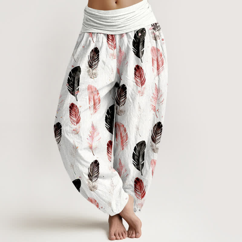 Nimara Ritual Pure Cotton Feather Pattern Women's Elastic Waist Harem Pants