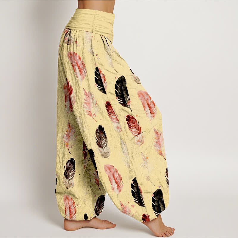 Nimara Ritual Pure Cotton Feather Pattern Women's Elastic Waist Harem Pants
