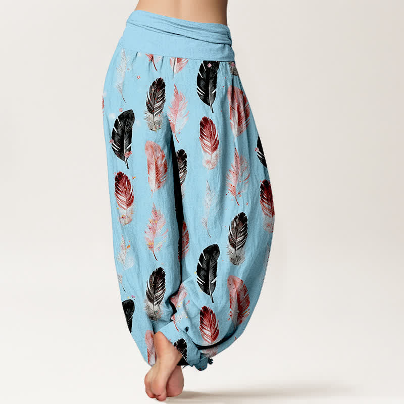 Nimara Ritual Pure Cotton Feather Pattern Women's Elastic Waist Harem Pants