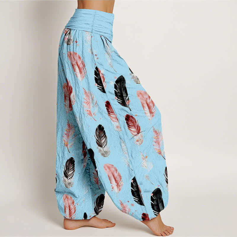 Nimara Ritual Pure Cotton Feather Pattern Women's Elastic Waist Harem Pants