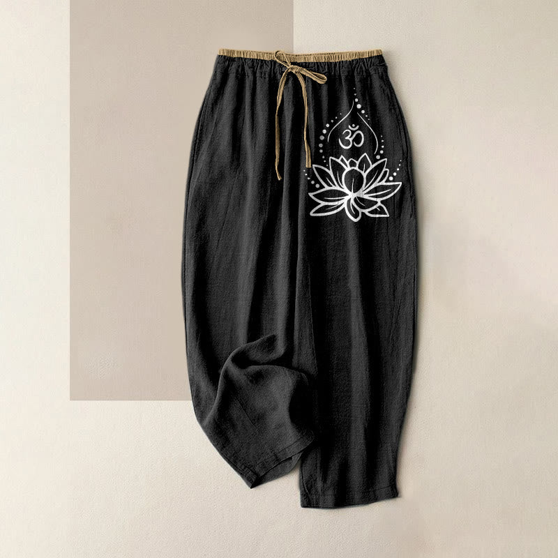 Nimara Ritual Pure Cotton Lotus OM Pattern Women's Elastic Waist Pants With Pockets