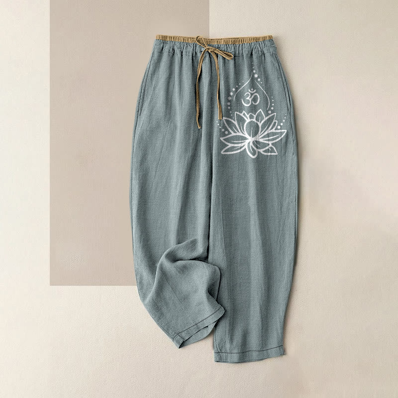 Nimara Ritual Pure Cotton Lotus OM Pattern Women's Elastic Waist Pants With Pockets