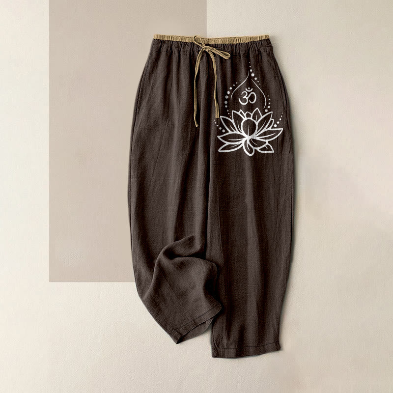 Nimara Ritual Pure Cotton Lotus OM Pattern Women's Elastic Waist Pants With Pockets