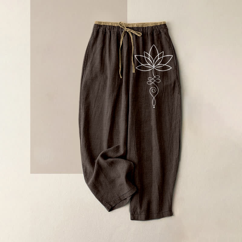 Nimara Ritual Pure Cotton Zen Lotus Pattern Women's Elastic Waist Pants With Pockets