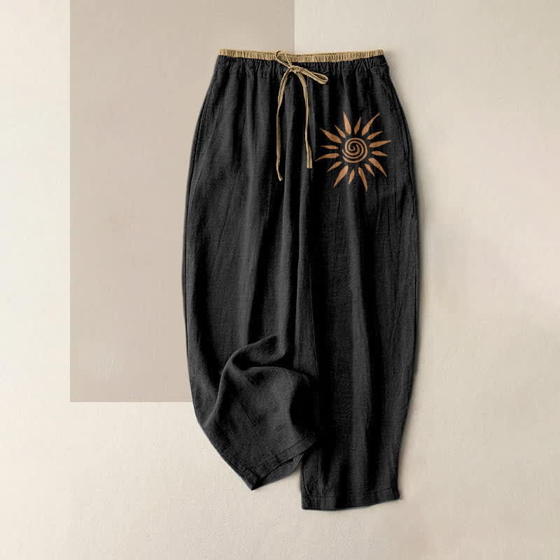 Nimara Ritual Cotton Boho Sun Swirl Pattern Women's Elastic Waist Pants With Pockets