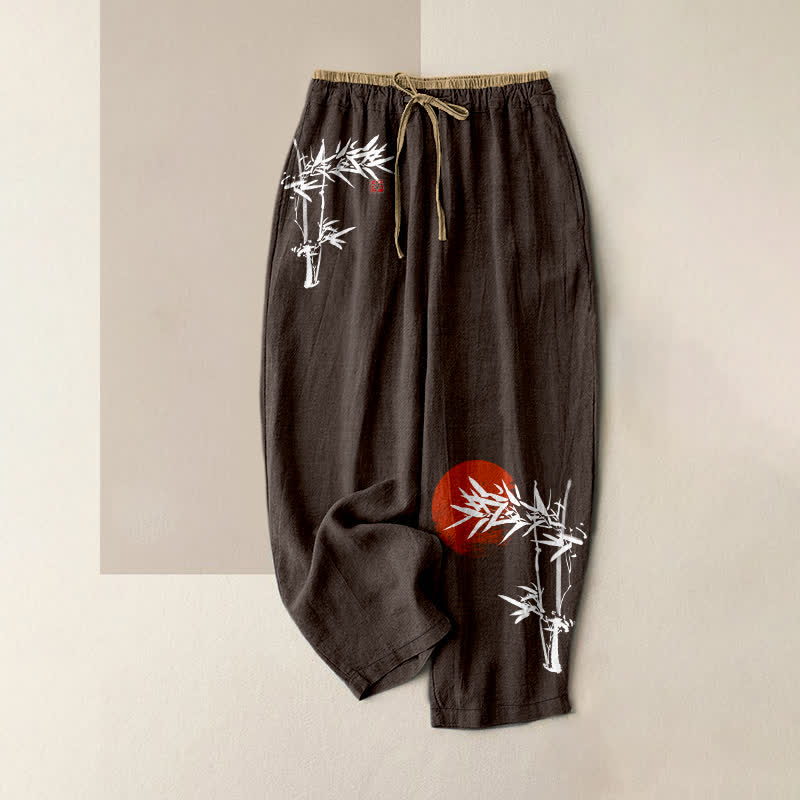 Nimara Ritual Pure Cotton Ink Bamboo Red Sun Pattern Women's Elastic Waist Pants With Pockets