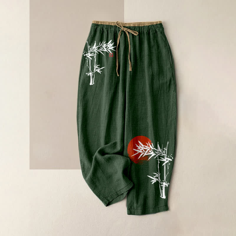 Nimara Ritual Pure Cotton Ink Bamboo Red Sun Pattern Women's Elastic Waist Pants With Pockets