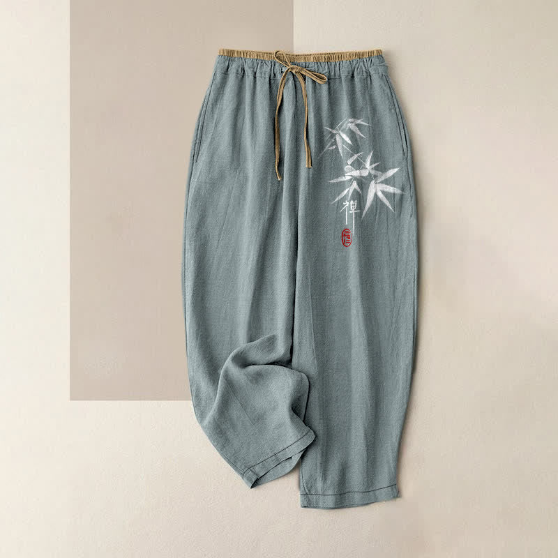 Nimara Ritual Pure Cotton Zen White Bamboo Pattern Women's Elastic Waist Pants With Pockets