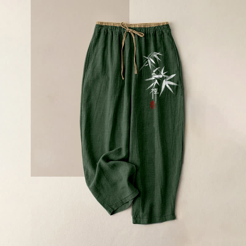 Nimara Ritual Pure Cotton Zen White Bamboo Pattern Women's Elastic Waist Pants With Pockets