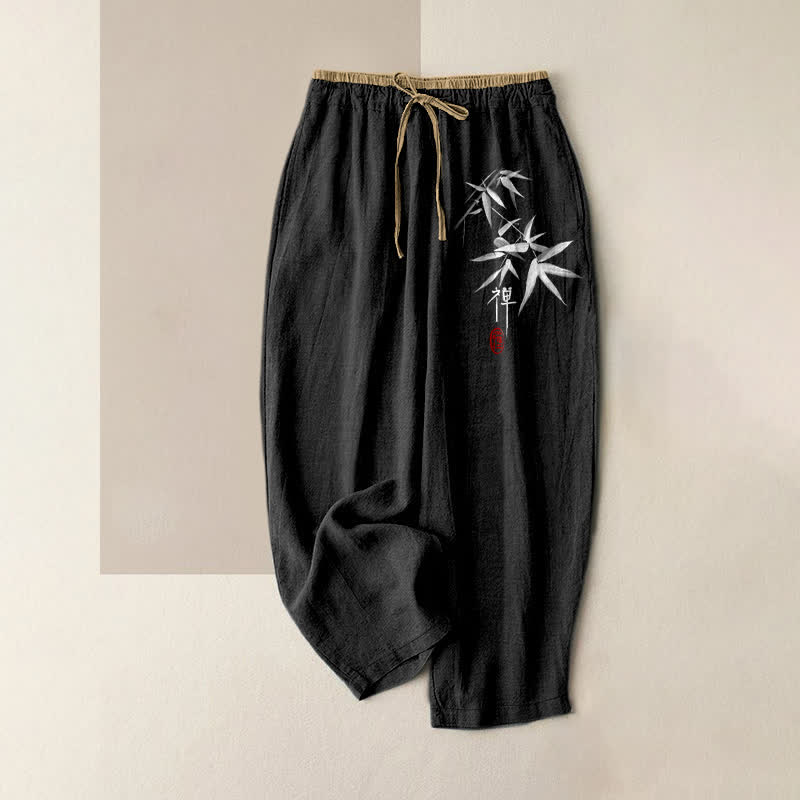 Nimara Ritual Pure Cotton Zen White Bamboo Pattern Women's Elastic Waist Pants With Pockets