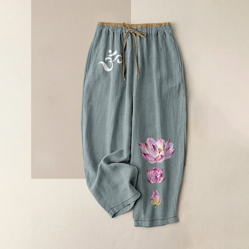 Nimara Ritual Pure Cotton OM Pink Lotus Pattern Women's Elastic Waist Pants With Pockets