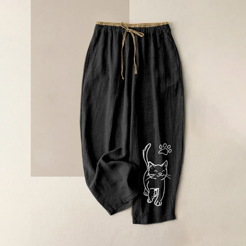 Nimara Ritual Pure Cotton Whimsical Cat Pattern Women's Elastic Waist Pants With Pockets
