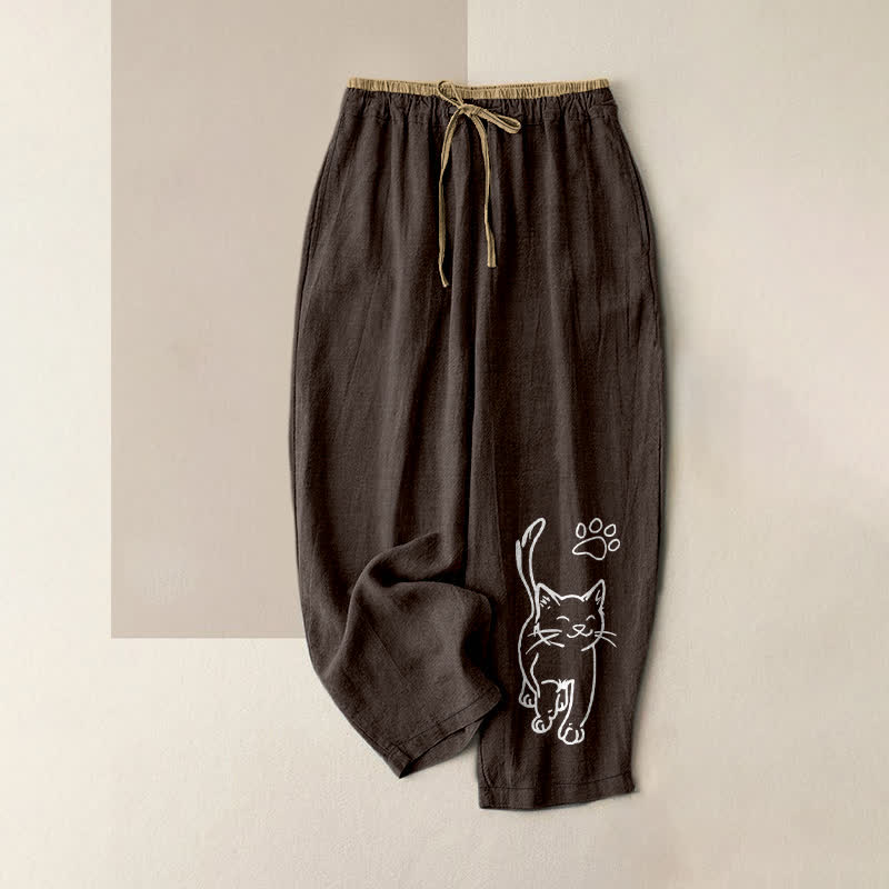 Nimara Ritual Pure Cotton Whimsical Cat Pattern Women's Elastic Waist Pants With Pockets