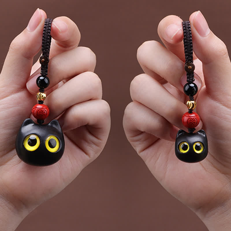 Nimara Ritual Ebony Wood Cute Cat Grounding Hand Carved Peace Keychains
