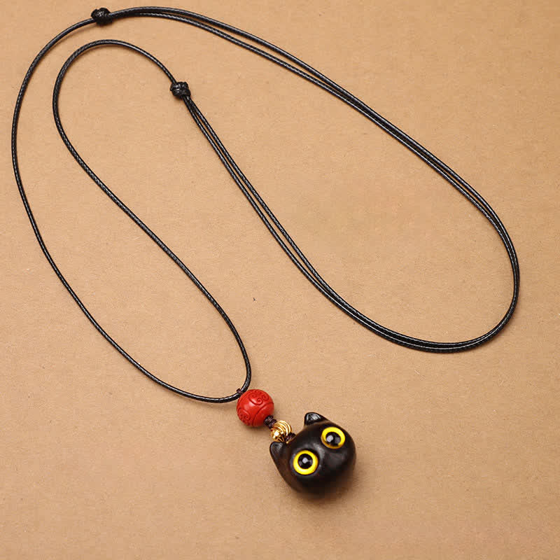 Nimara Ritual Ebony Wood Red Sandalwood Lucky Cat Adjustable Balance Necklace